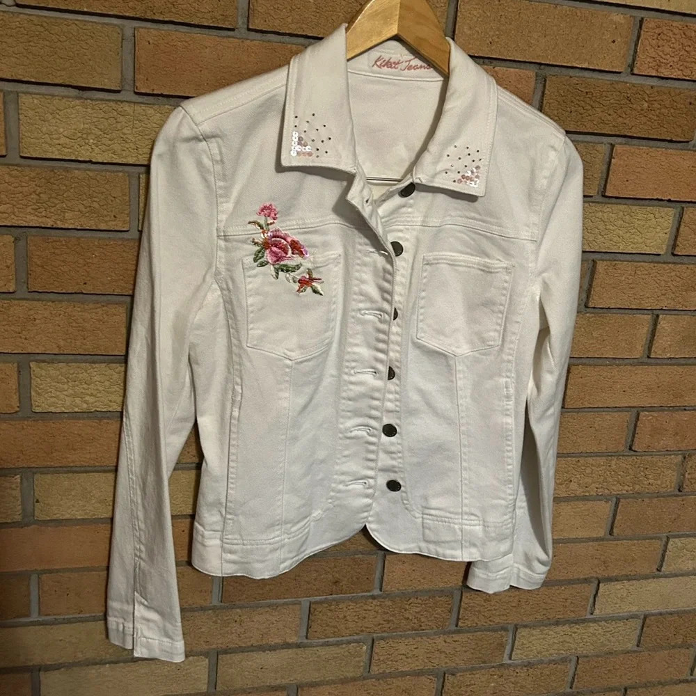 Kikit Jeans Jacket Womens Size Small White Floral Embroidered Cropped Denim